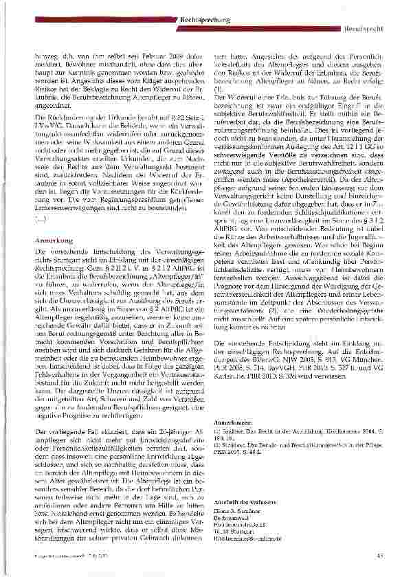 Vorschauseite 5: Widerruf der Erlaubnis zur Führung der Berufsbezeichnung Altenpfleger- Besprechung des Urteils des Verwaltungsgerichts Stuttgart vom 19.07.2011, Az.: 4 K 766/11-