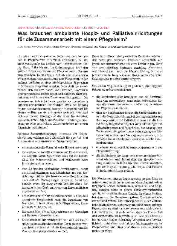 Vorschauseite 1: Was brauchen ambulante Hospizund Palliativeinrichtungen für die Zusammenarbeit mit einem Pflegeheim?