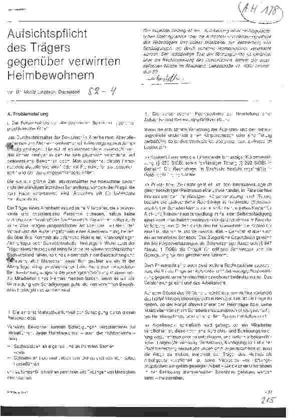 Vorschauseite 1: Aufsichtspflicht des Trägers gegeüber verwirrten Heimbewohnern