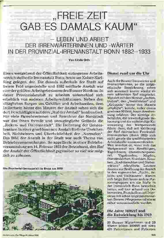 Vorschauseite 1: Freie Zeit gab es damals kaum - Leben und Arbeit der Irrenwärterinnen und -wärter in der Provinzial- Irrenanstalt Bonn 1882-1933