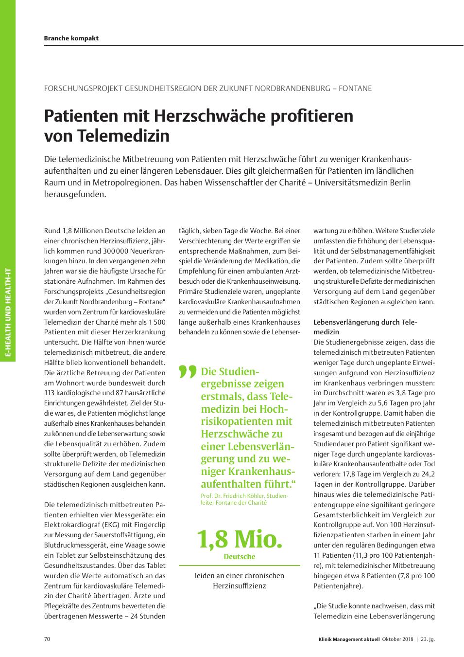 Vorschauseite 1: Forschungsprojekt Gesundheitsregion der Zukunft Nordbrandenburg – FONTANE: Patienten mit Herzschwäche profitieren von Telemedizin