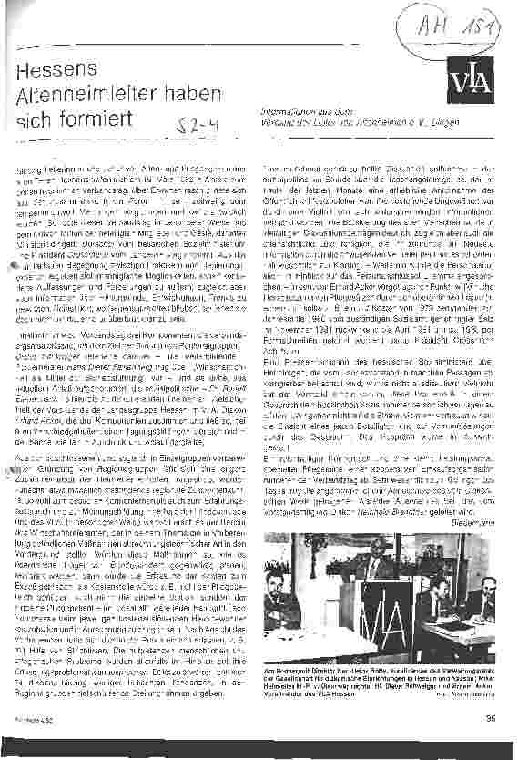 Vorschauseite 1: Hessens Altenheimleiter haben sich formiert / Informationen aus dem Verband der Leiter von Altenheimen e.V. Bingen