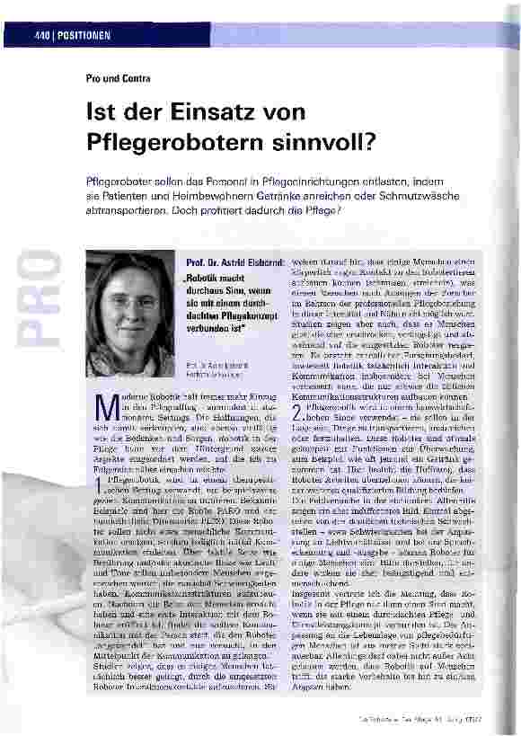 Vorschauseite 1: Pro und Contra Ist der Einsatz von Pflegerobotern sinnvoll?