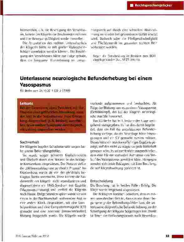 Vorschauseite 1: Unterlassene neurologische Befunderhebung bei einem Vasospasmus KG Berlin vom 24.10.2011 (20 U 67/09)