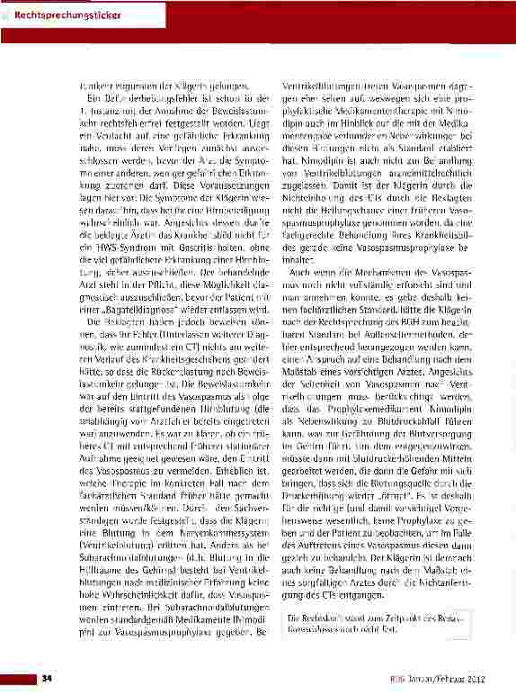 Vorschauseite 2: Unterlassene neurologische Befunderhebung bei einem Vasospasmus KG Berlin vom 24.10.2011 (20 U 67/09)