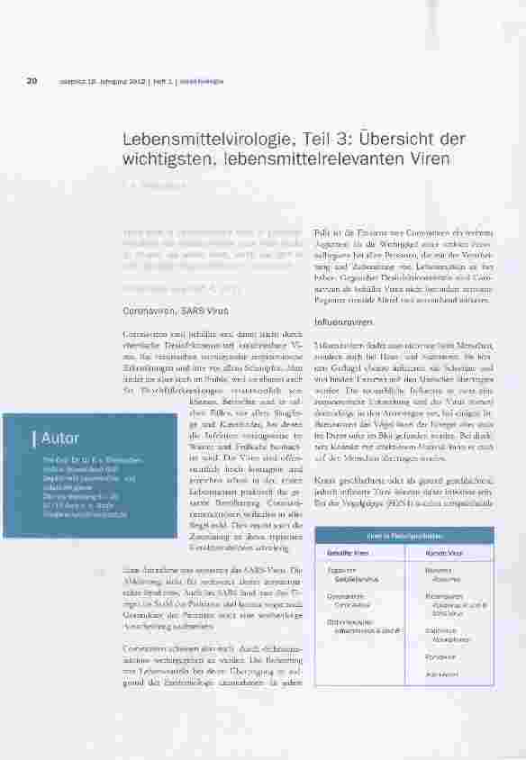 Vorschauseite 1: Lebensmittelvirologie, Teil 3: Übersicht der wichtigsten, lebensmittelrelevanten Viren
