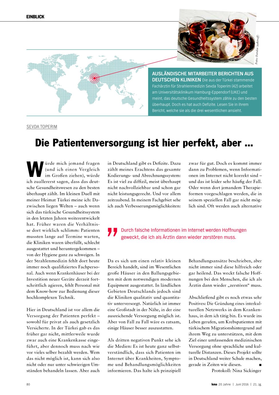 Vorschauseite 1: Sevda Toperim: Die Patientenversorgung ist hier perfekt, aber?