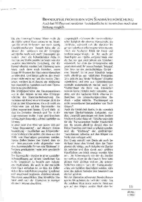 Vorschauseite 1: Brandopfer profitieren von Stammzellforschung