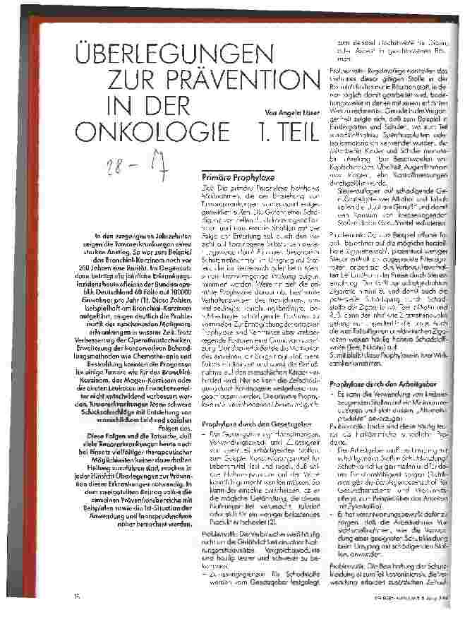 Vorschauseite 1: Überlegungen zur Prävention in der Onkologie 1. Teil