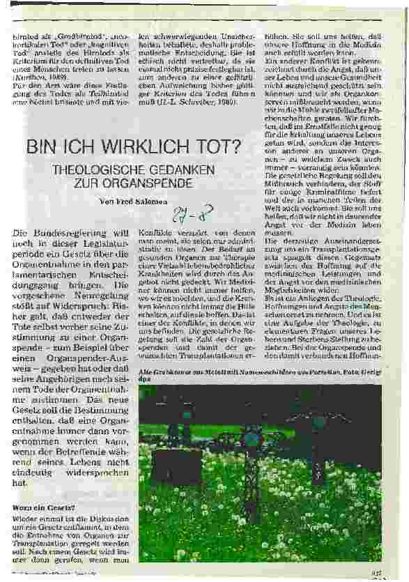 Vorschauseite 1: Bin ich wirklich tot? Theologische Gedanken zur Organspende