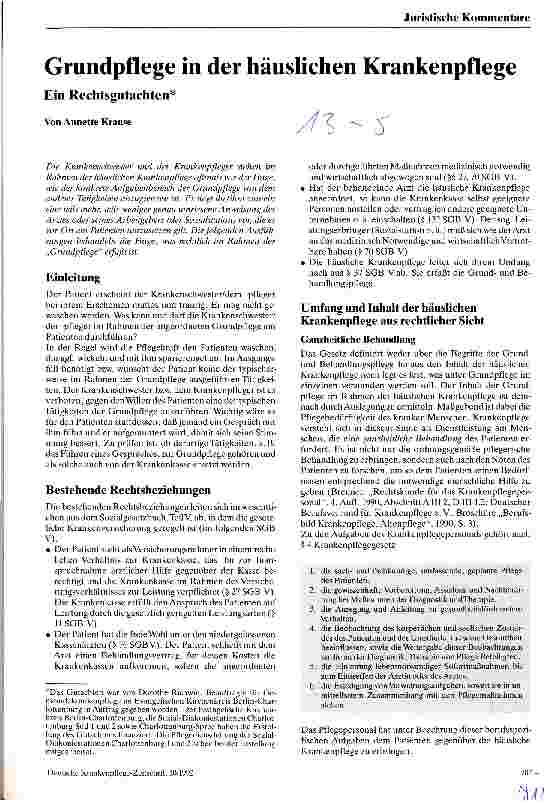 Vorschauseite 1: Grundpflege in der häuslichen Krankenpflege Ein Rechtsgutachten