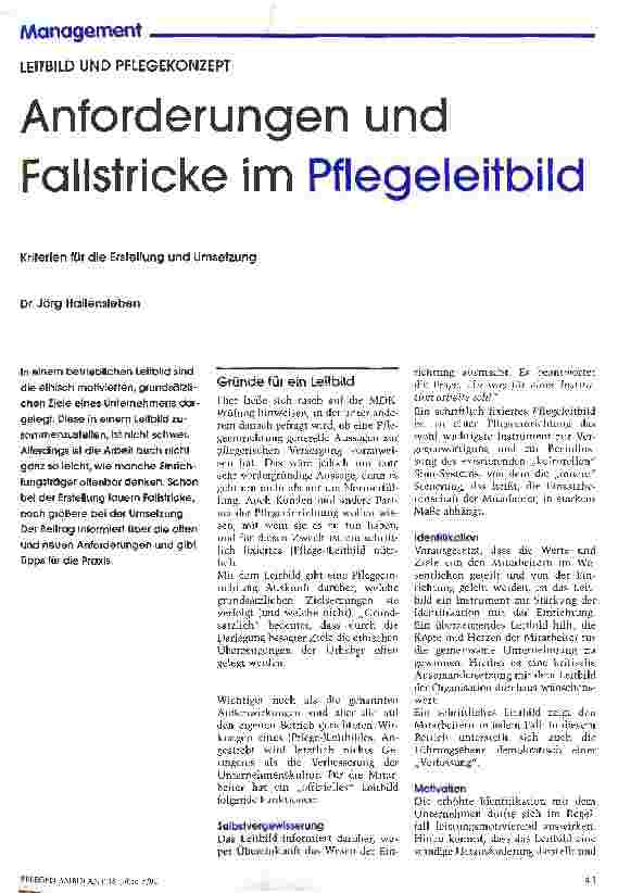 Vorschauseite 1: Anforderungen und Fallstricke im Pflegeleitbild