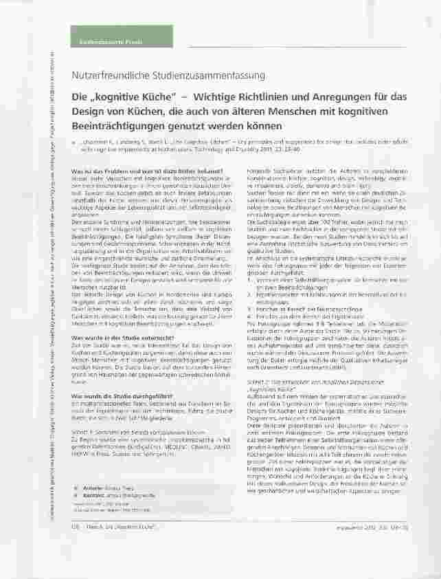 Vorschauseite 1: Die „kognitive Küche Wichtige Richtlinien und Anregungen für das Design von Küchen, die auch von älteren Menschen mit kognitiven Beeinträchtigungen genutzt werden können