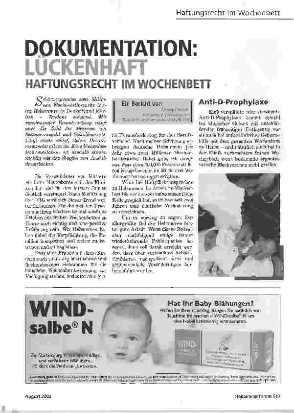 Vorschauseite 1: DOKUMENTATION:LÜCKENHAFT HAFTUNGSRECHT IM WOCHENBETT