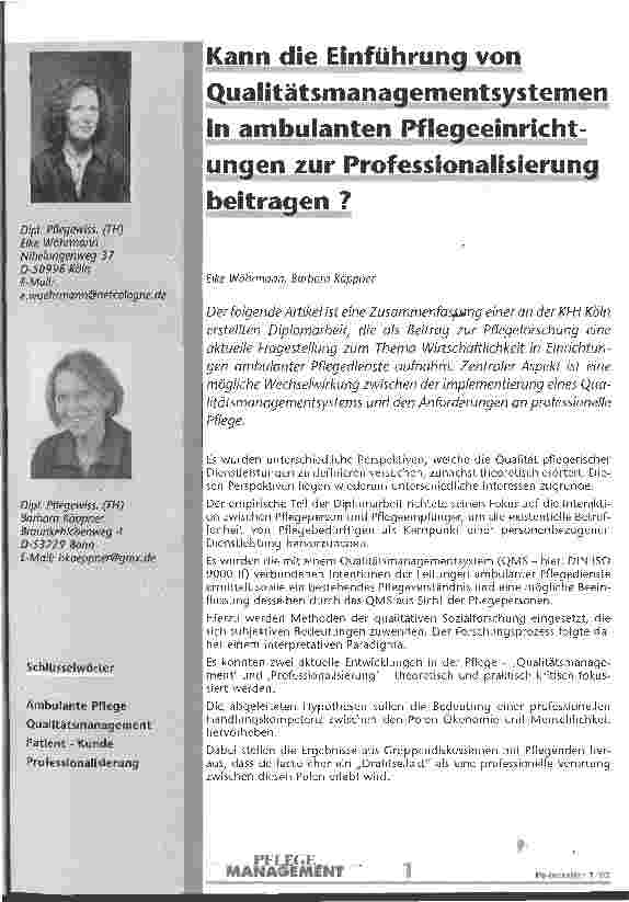 Vorschauseite 1: Kann die Einführung von Qualitätsmanagementsystemen in ambulanten Pflegeeinrichtungen zur Professionalisierung beitragen?