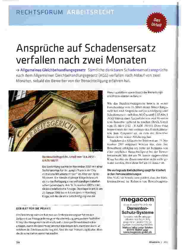 Vorschauseite 1: Ansprüche auf Schadensersatz verfallen nach zwei Monaten