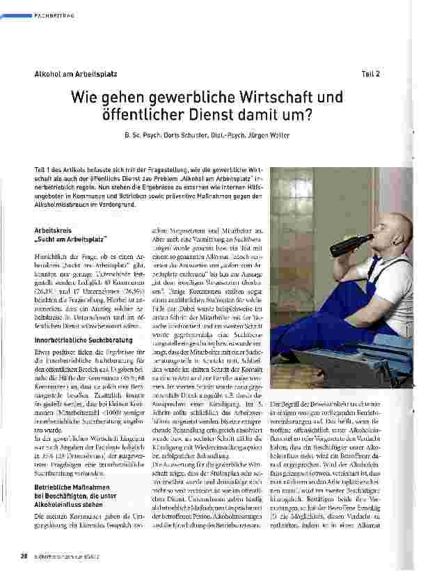 Vorschauseite 1: Alkohol am Arbeitsplatz Teil 2 Wie gehen gewerbliche Wirtschaft und öffentlicher Dienst damit um?
