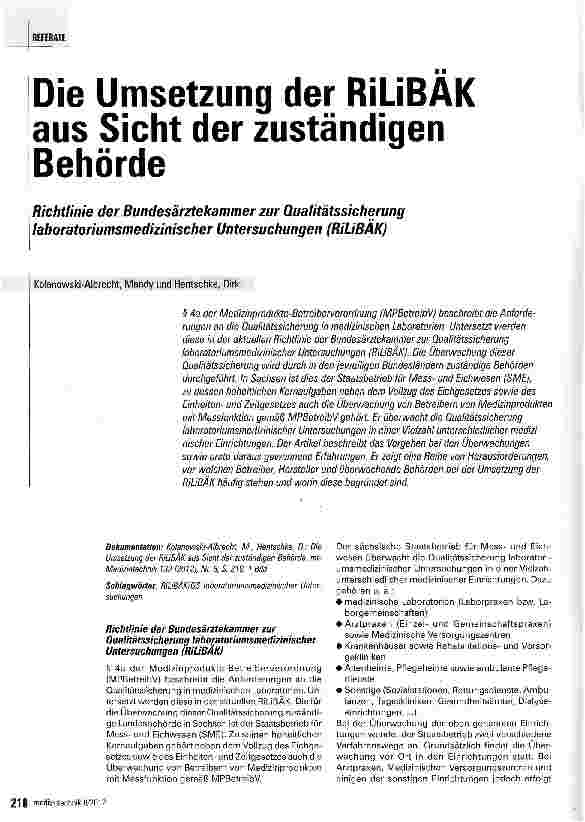 Vorschauseite 1: Die Umsetzung der RiLiBAK aus Sicht der zuständigen Behörde