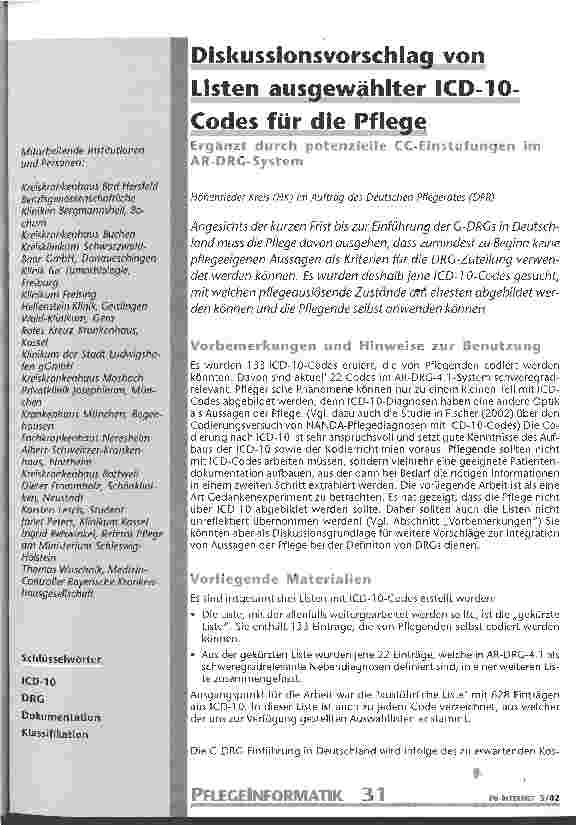 Vorschauseite 1: Diskussionsvorschlag von Listen ausgewählter ICD-10-Codes für die Pflege Ergänzt durch potenzielle CC-Einstufungen im AR-DRG-System