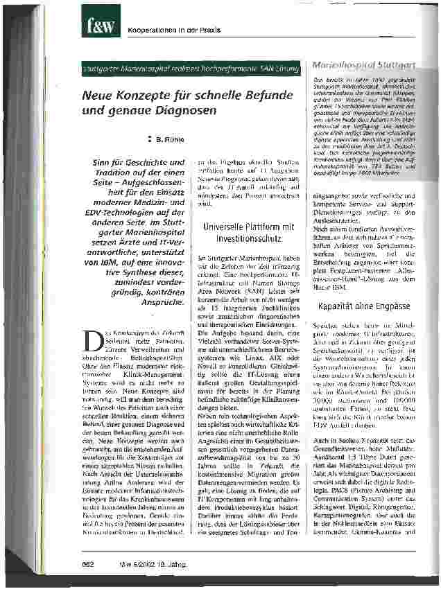 Vorschauseite 1: Neue Konzepte für schnelle Befunde und genaue Diagnosen Stuttgarter Marienhospital realisiert hochperformante SAN-Lösung