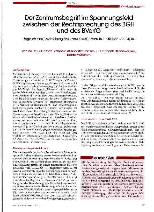 Vorschauseite 1: Der Zentrumsbegriff im Spannungsfeld zwischen der Rechtsprechung des BGH und des BVerfG