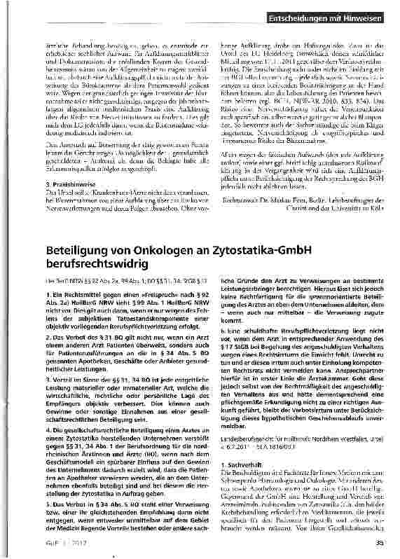 Vorschauseite 1: Beteiligung von Onkologen an Zytostatika-GmbH berufsrechtswidrig HeilBerG NRW §§92 Abs.2a, 99 Abs. 1; BO §§31, 34; StGB § 17