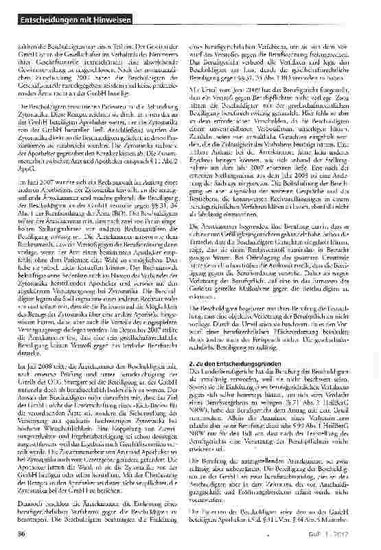 Vorschauseite 2: Beteiligung von Onkologen an Zytostatika-GmbH berufsrechtswidrig HeilBerG NRW §§92 Abs.2a, 99 Abs. 1; BO §§31, 34; StGB § 17