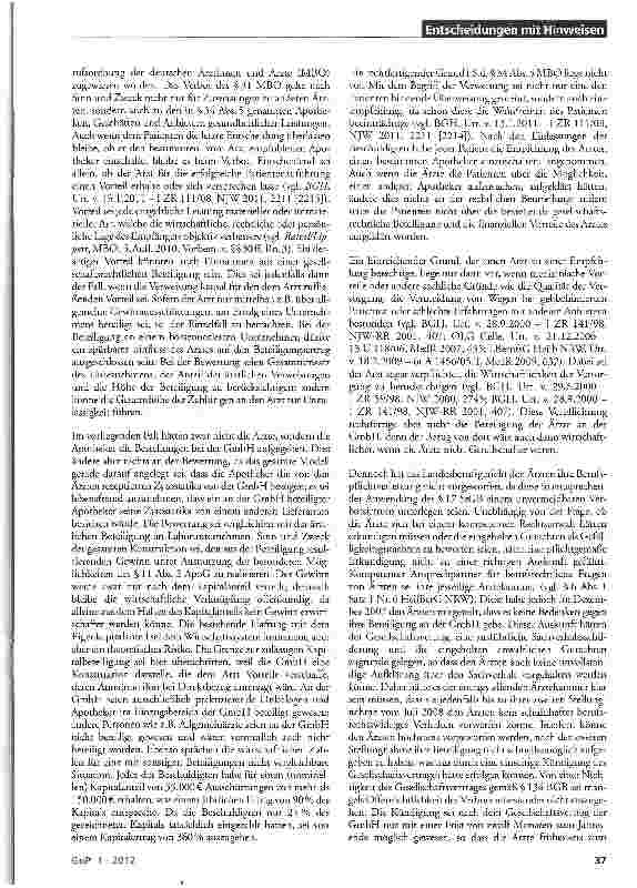 Vorschauseite 3: Beteiligung von Onkologen an Zytostatika-GmbH berufsrechtswidrig HeilBerG NRW §§92 Abs.2a, 99 Abs. 1; BO §§31, 34; StGB § 17