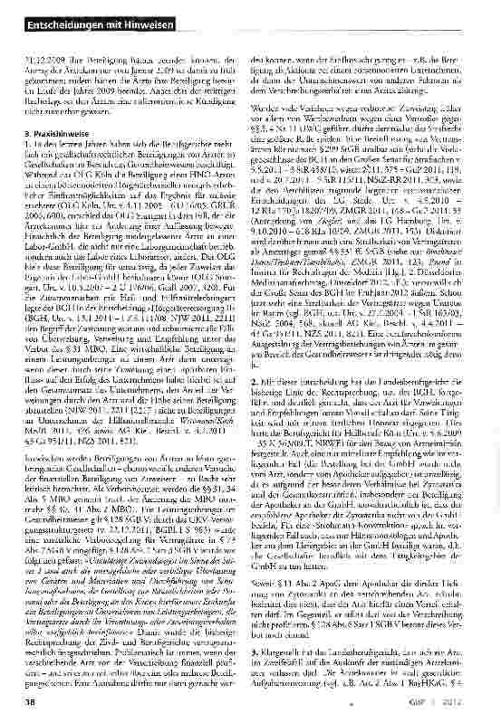 Vorschauseite 4: Beteiligung von Onkologen an Zytostatika-GmbH berufsrechtswidrig HeilBerG NRW §§92 Abs.2a, 99 Abs. 1; BO §§31, 34; StGB § 17