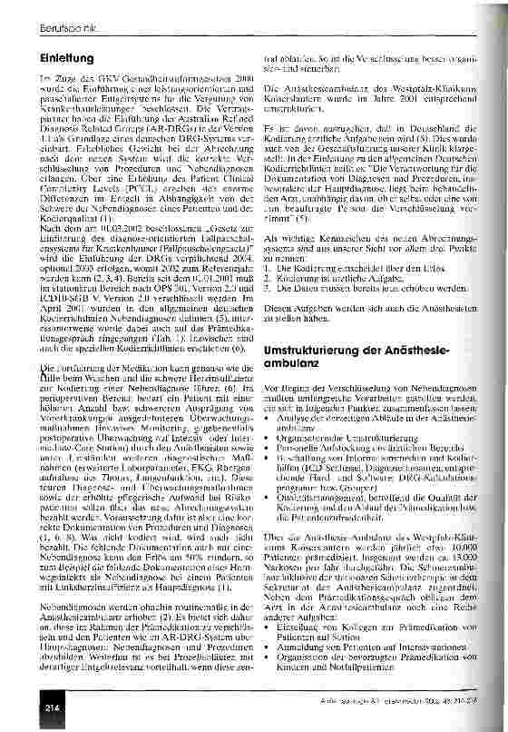 Vorschauseite 2: Die Anästhesieambulanz in DRG-Zeiten Zentrale Kodierung von Nebendiagnosen - eine neue Aufgabe