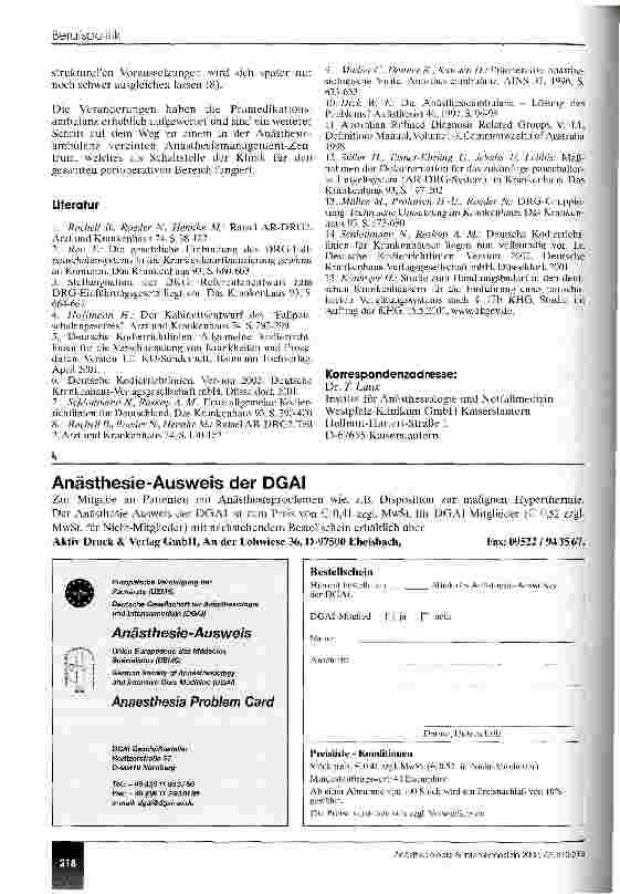 Vorschauseite 6: Die Anästhesieambulanz in DRG-Zeiten Zentrale Kodierung von Nebendiagnosen - eine neue Aufgabe