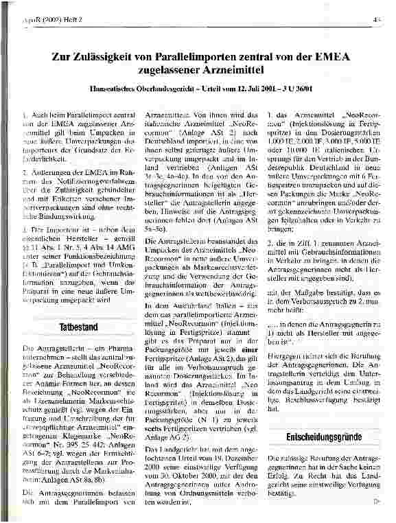 Vorschauseite 1: Zur Zulassung von Parallelimporten zentral von der EMEA zugelassener Arzneimittel