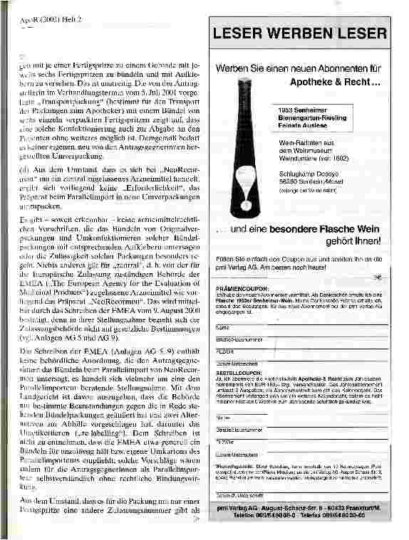 Vorschauseite 3: Zur Zulassung von Parallelimporten zentral von der EMEA zugelassener Arzneimittel
