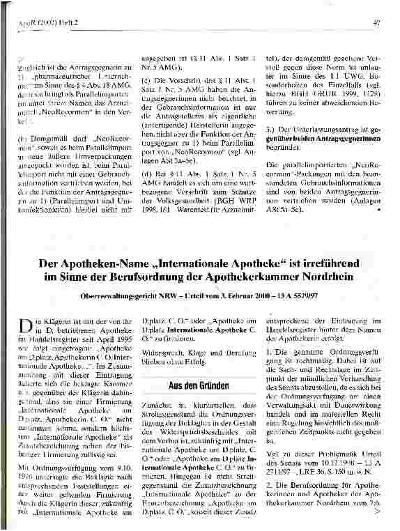 Vorschauseite 5: Zur Zulassung von Parallelimporten zentral von der EMEA zugelassener Arzneimittel