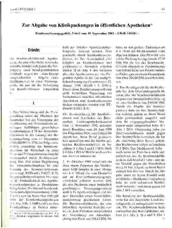Vorschauseite 1: Zur Abgabe von Klinikpackungen in öffentlichen Apotheken Bundesverfassungsgericht, Urteil vom 19. September 2002