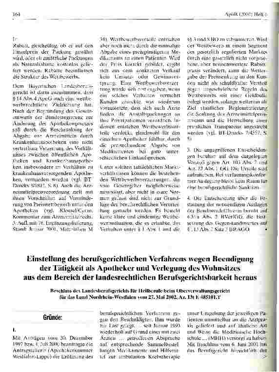 Vorschauseite 4: Zur Abgabe von Klinikpackungen in öffentlichen Apotheken Bundesverfassungsgericht, Urteil vom 19. September 2002