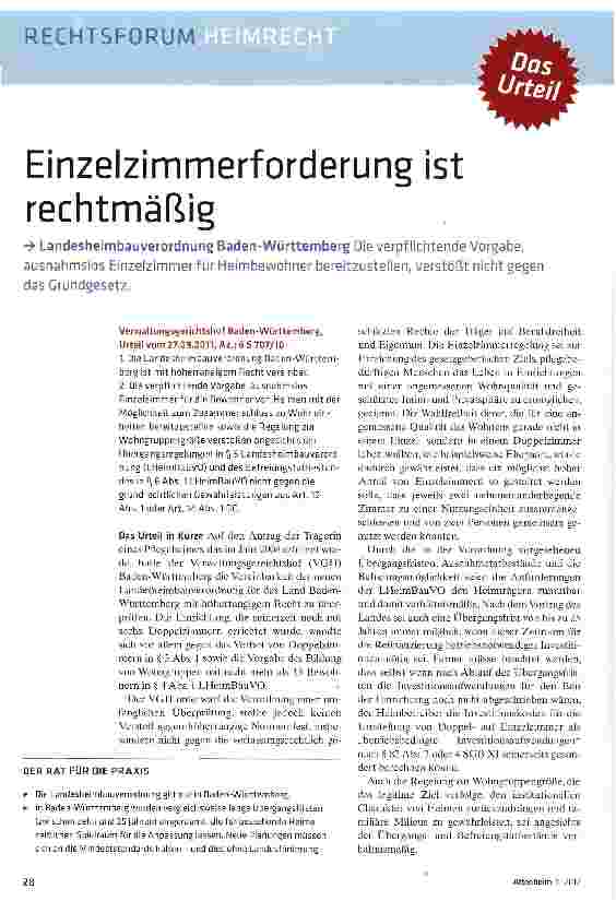 Vorschauseite 1: Einzelzimmerforderung ist rechtmäßig