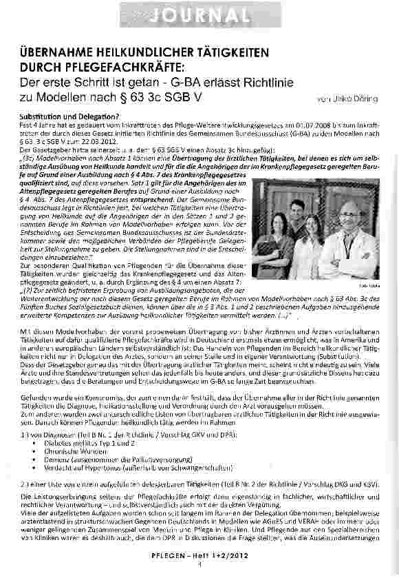 Vorschauseite 1: ÜBERNAHME HEILKUNDLICHER TÄTIGKEITEN DURCH PFLEGEFACHKRÄFTE: Der erste Schritt ist getan - G-BA erlässt Richtlinie zu Modellen nach § 63 3c SGB V