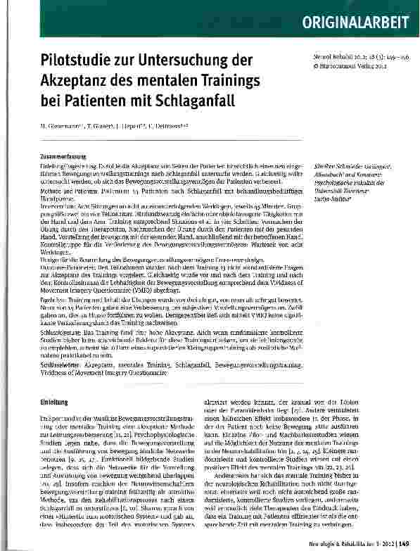 Vorschauseite 1: Pilotstudie zur Untersuchung der Akzeptanz des mentalen Trainings bei Patienten mit Schlaganfall