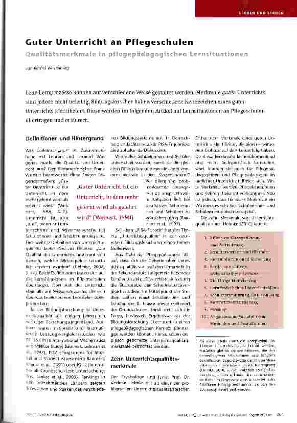 Vorschauseite 1: Guter Unterricht an Pflegeschulen