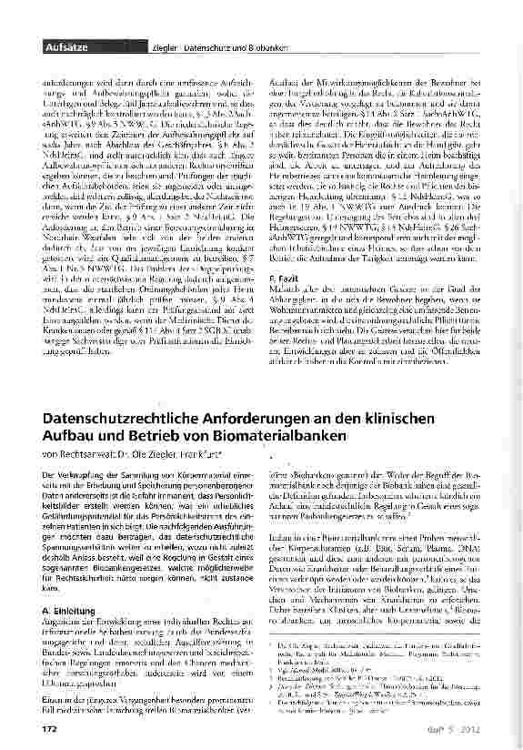 Vorschauseite 1: Datenschutzrechtliche Anforderungen an den klinischen Aufbau und Betrieb von Biomaterialbanken