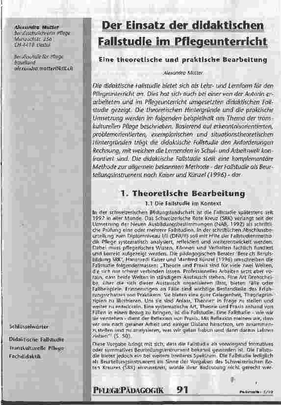 Vorschauseite 1: Der Einsatz der didaktischen Fallstudie im Pflegeunterricht Eine theoretische und praktische Bearbeitung