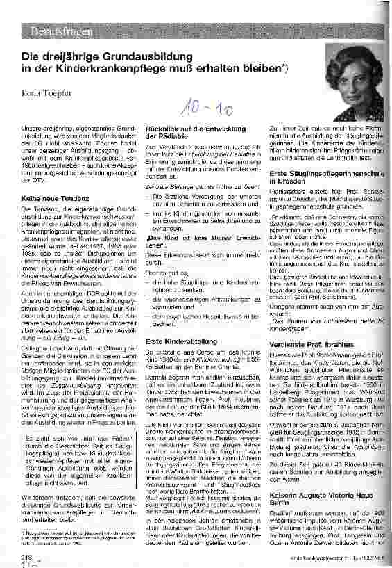 Vorschauseite 1: Die dreijährige Grundausbildung in der Kinderkrankenpflege muß erhalten bleiben