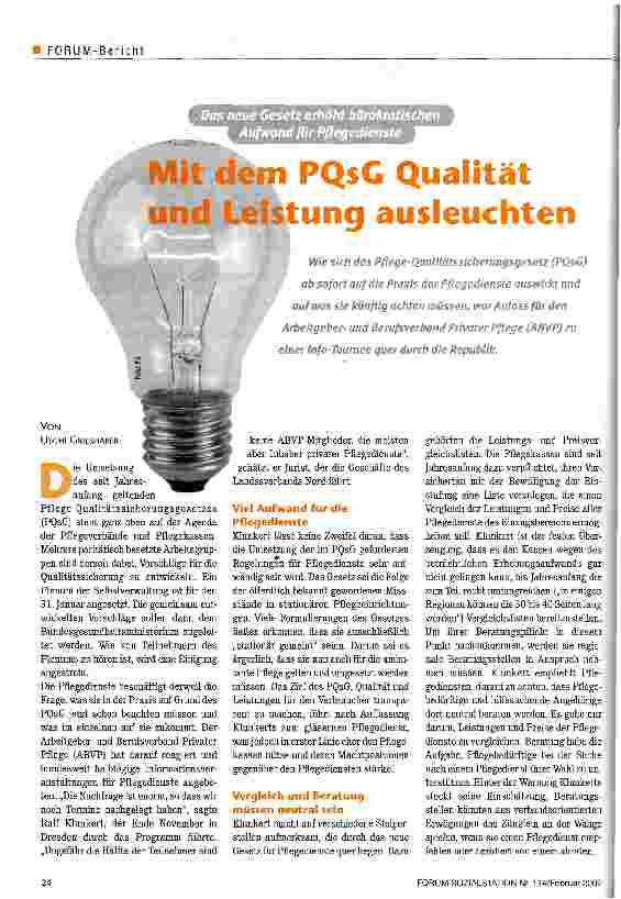 Vorschauseite 1: Mit dem PQsG Qualität und Leistung ausleuchten Das neue Gesetz erhöht bürokratischen Aufwand für Pflegedienste
