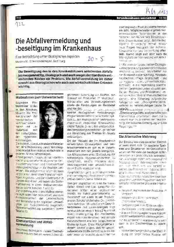Vorschauseite 1: Die Abfallvermeidung und -beseitigung im Krankenhaus Eine Betrachtung unter ökologischen Aspekten