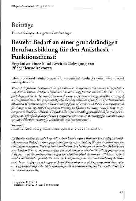 Vorschauseite 1: Besteht Bedarf an einer grundständigen Berufsausbildung für den Anästhesie-Funktionsdienst?