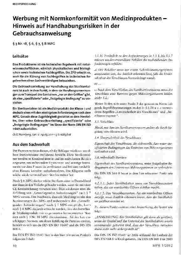 Vorschauseite 1: Werbung mit Normkonformität von Medizinprodukten Hinweis auf Handhabungsrisiken in der Gebrauchsanweisung §3 Nr. 18, §6, §7, §8 MPG