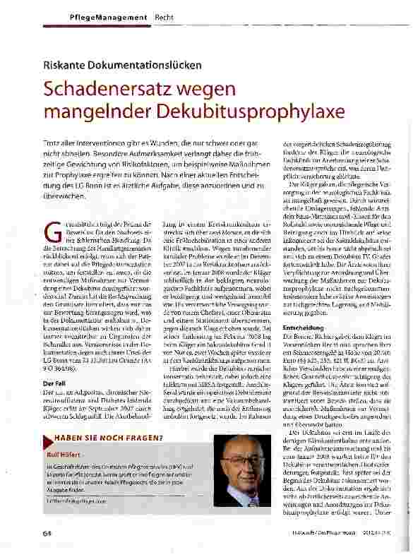 Vorschauseite 1: Schadenersatz wegen mangelnder Dekubitusprophylaxe