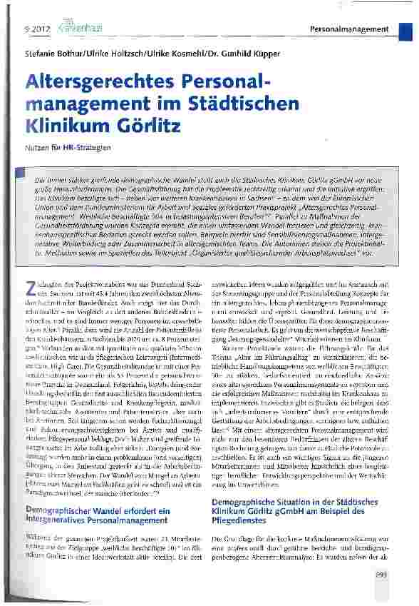 Vorschauseite 1: Altersgerechtes Personalmanagement im Städtischen Klinikum GörlitzNutzen für HR-Strategien