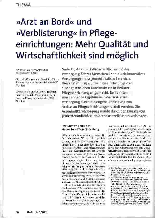 Vorschauseite 1: »Arzt an Bord« und »Verblisterung« in Pflegeeinrichtungen: Mehr Qualität und Wirtschaftlichkeit sind möglich